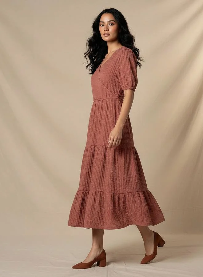 Splash FAV Midi Textured Tiered Dress with Short Puff Sleeves